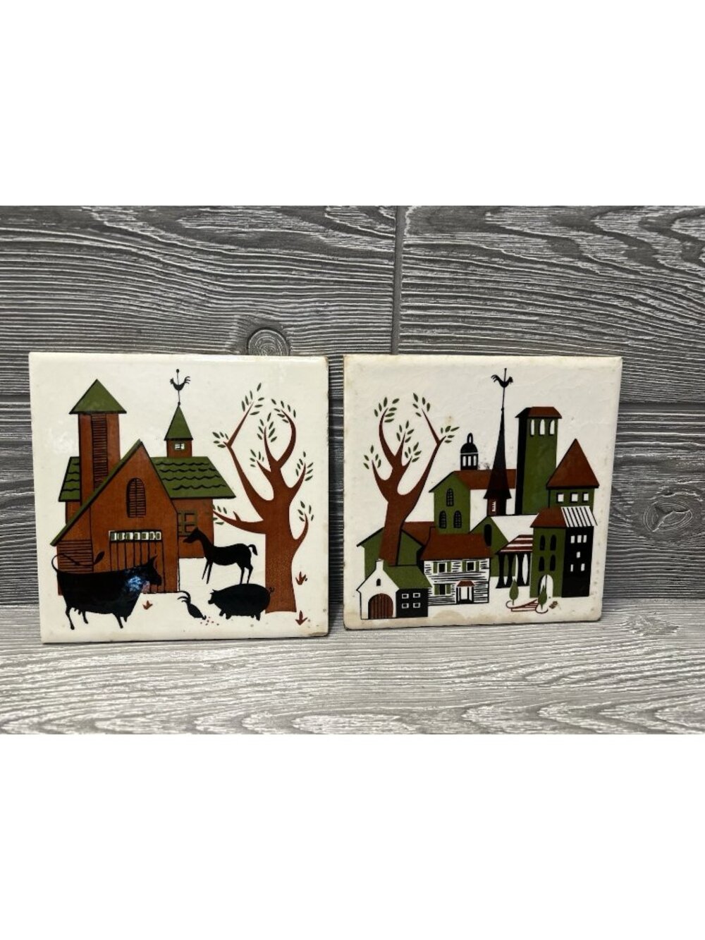 Vintage Country Print Tiles Trivets 6” Set of 2 Midcentury Soriano Ceramics READ